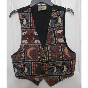 VTG FACETS by Mirrors Teddy Bears & Penguins Tapestry Vest Women's Medium Y2K